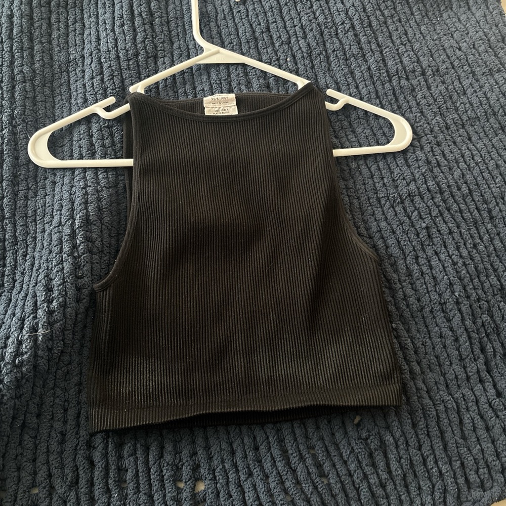 Black cotton on ribbed high neck tank top